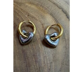 Mixed Metal Two Tone Heart Charm Hoop Earrings Gold Silver Puffed Heart Dangle